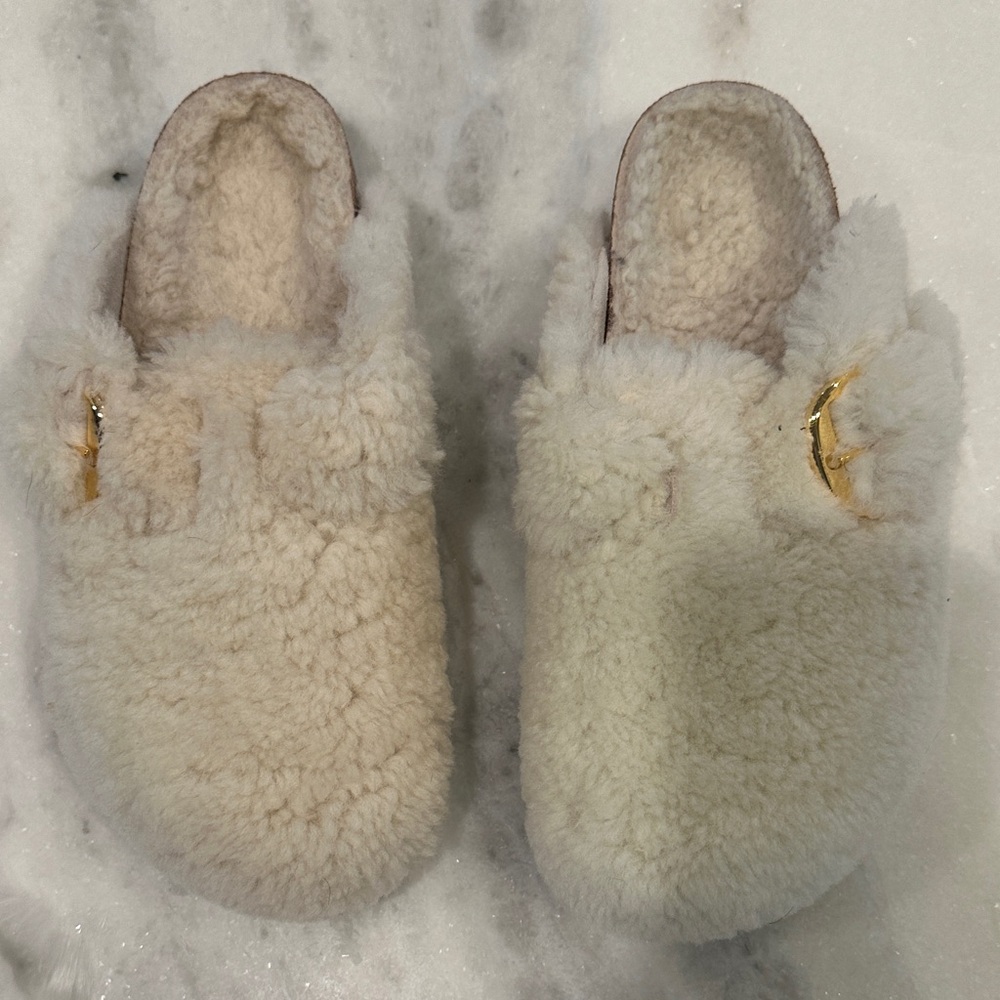 Birkenstock Cream Shearling Mules with Gold Buckle